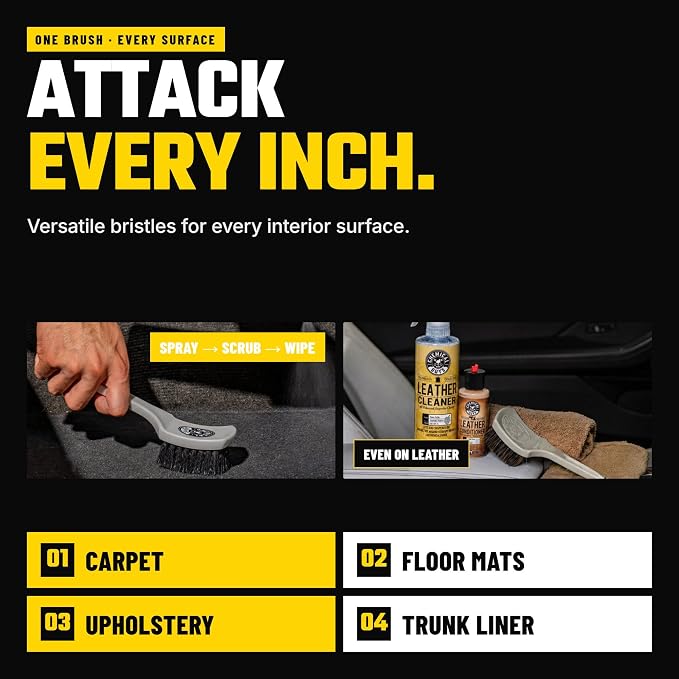 Chemical Guys, The Nifty Interior Detailing Brush, Synthetic Bristle Scrub Tool for Car Carpet Floor Mats Upholstery Trunk Liners, Auto Cabin Cleaning Brush with Ergonomic Short Handle - Grey