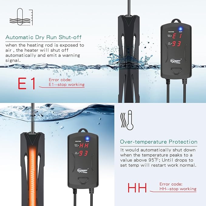 hygger 10-25 Gallon Aquarium Heater with LED Display Controller, Quartz Submersible Fish Tank Heater 100W for Saltwater Freshwater