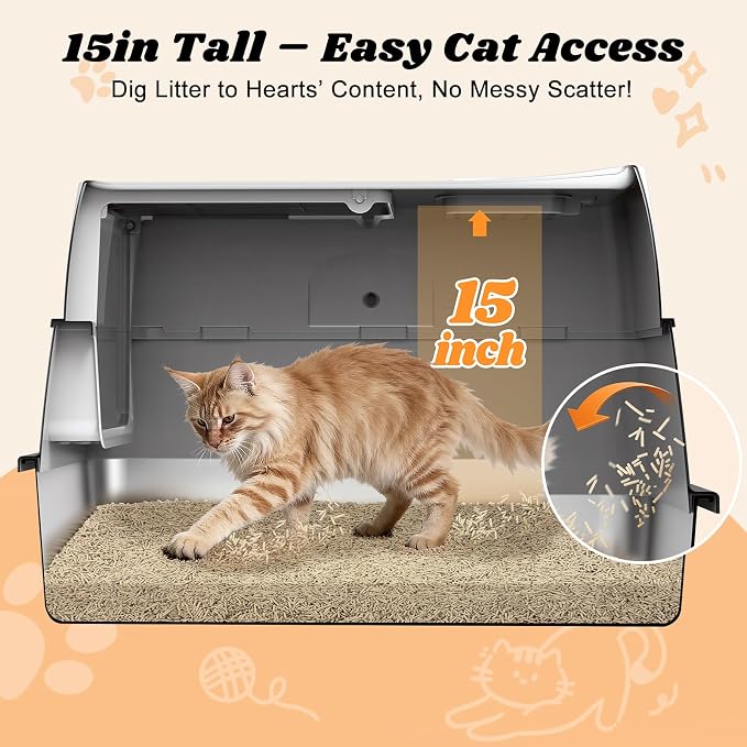 Stainless Steel Litter Box with Lid | Extra Large Enclosed Cat Litter Box for Big Cats | High Sided Metal Litter Boxes | 100% Anti-Urine Leakage | Odor Control | Non-Stick with Litter Scoop Set & Mat