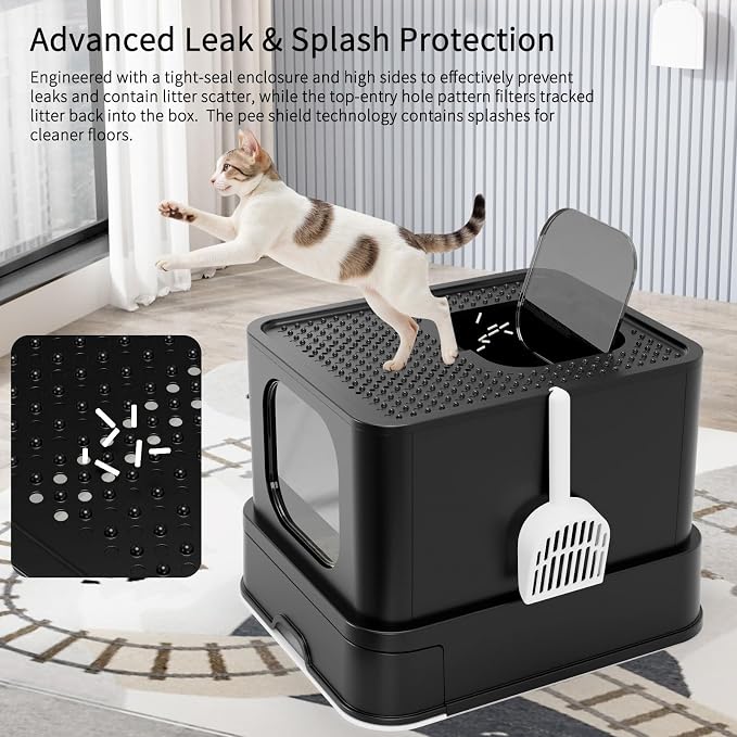 RIZZARI Stainless Steel Cat Box: All Black Large Capacity Enclosed Litter Pan with High Walls - Non-Stick Teflon Coating & Leak-Proof Drawer - Odor Control - Perfect for Living Room Balcony