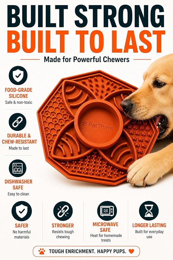 PetThrow Dog Lick Mat Bundle – Octagon Silicone Slow Feeder with Suction Cups, Multi-Texture Design for Anxiety Relief | Includes Spatula, Cleaning Brush & Recipe Card, Dishwasher Safe