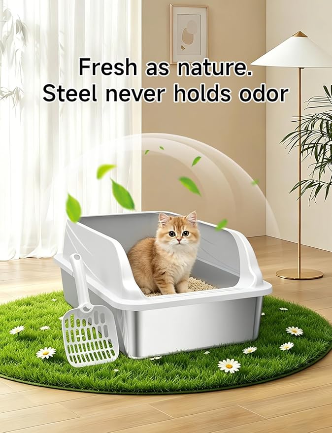2PACK Stainless Steel Cat Litter Boxes, XL Large Metal Litter Box with High Sides Lid, Odor Free Litter Pan Include Scoop Easy Cleaning Anti-Scratch Kitty Cat Box Anti-Urine Leakage, Non-Sticky