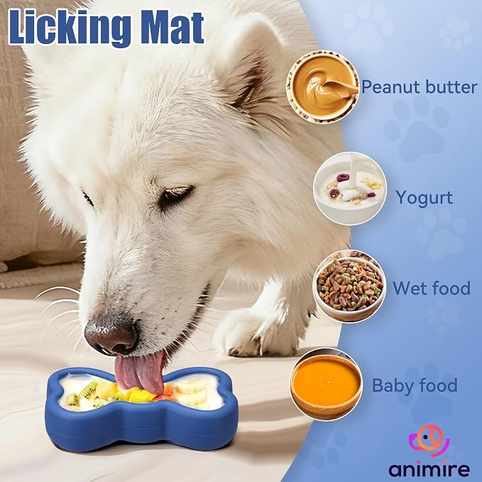 Lick Mat for Dogs, Animire Anti-Spilled Bow Tie Lick Bowls for Anxiety Relief, Silicone Slow Feeder Licking Pad with Suction Cups, Freezeable Dog Enrichment Toy for Boredom(Dark Blue,L)