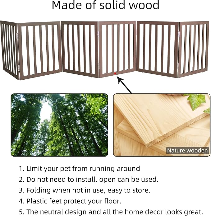 Dog Gate Indoor, Freestanding Dog Fence for The House, Doorways, Hallways,or Stairs,Pet Gate Foldable Wooden,Expandable 24" Height 6 Panels,Brown