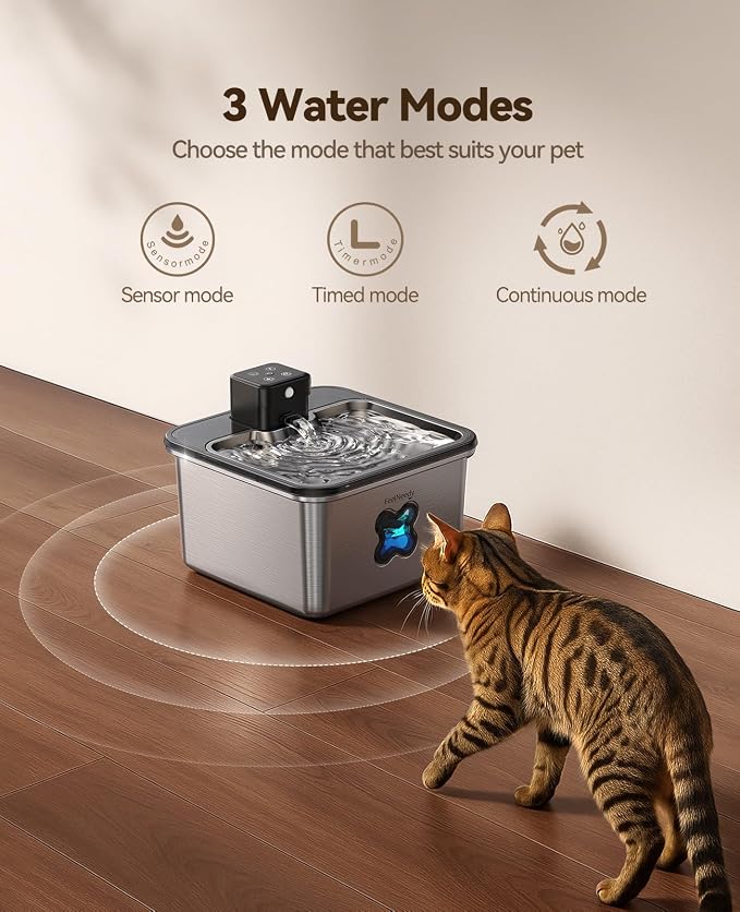 Cat Water Fountain Stainless Steel Visual Filter Cordless Battery Operated Water Fountain for Cats Indoor - 3.2L & 6 Pack Replacement Filters + 6 Pump Sponges