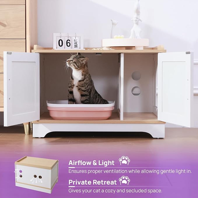 Boho Cat Litter Box Enclosure Furniture, Hidden Litter Box Cabinet with Rattan Doors, Modern Cat Washroom, Wooden Cat House with Reversible Entrance & Top Perch (29.6”L x 21”W x 20.8”H)