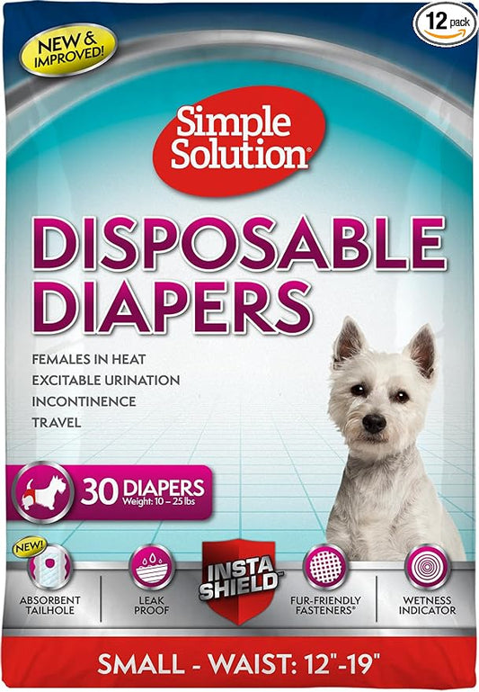 Simple Solution Female Dog Diapers – Disposable Diapers for Potty Training, Incontinence, and Heat Cycle Protection – Leak-Proof Fit for Small Dogs, 12–19 Inch Waist – 30 Count