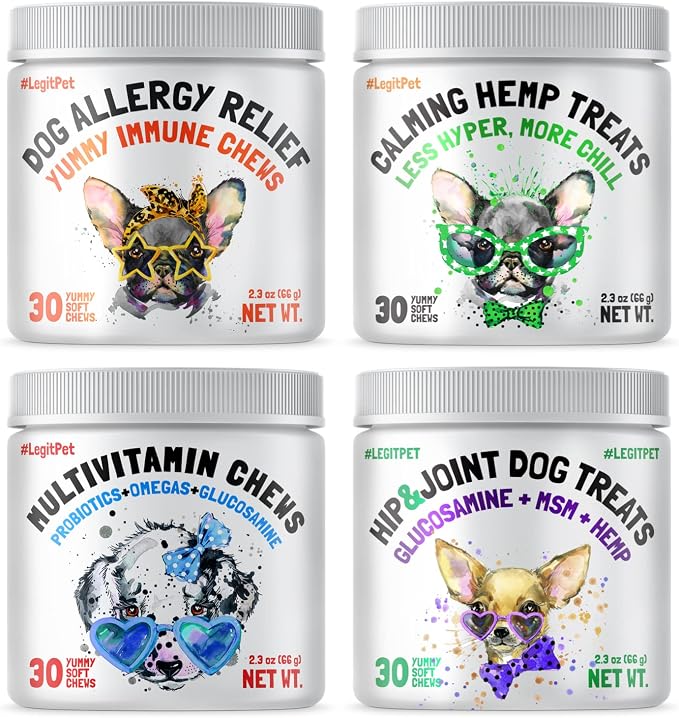 LEGITPET Dog Vitamins & Hip & Joint Supplement & Allergy Relief Chews & Calming Treats Bundle