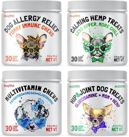 LEGITPET Dog Vitamins & Hip & Joint Supplement & Allergy Relief Chews & Calming Treats Bundle