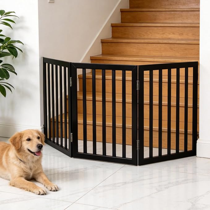 Dog Gate Indoor, Freestanding Dog Fence for The House, Doorways, Hallways,or Stairs,Pet Gate Foldable Wooden,Expandable 24" Height 3 Panels,Black
