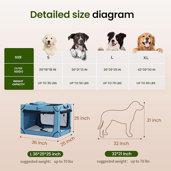 Portable Collapsible Dog Crate for Large Dogs, 4 Mesh Doors & 2 Storage Bags, Indoor Outdoor Travel Dog Kennel, Blue, 36" x 25" x 25"