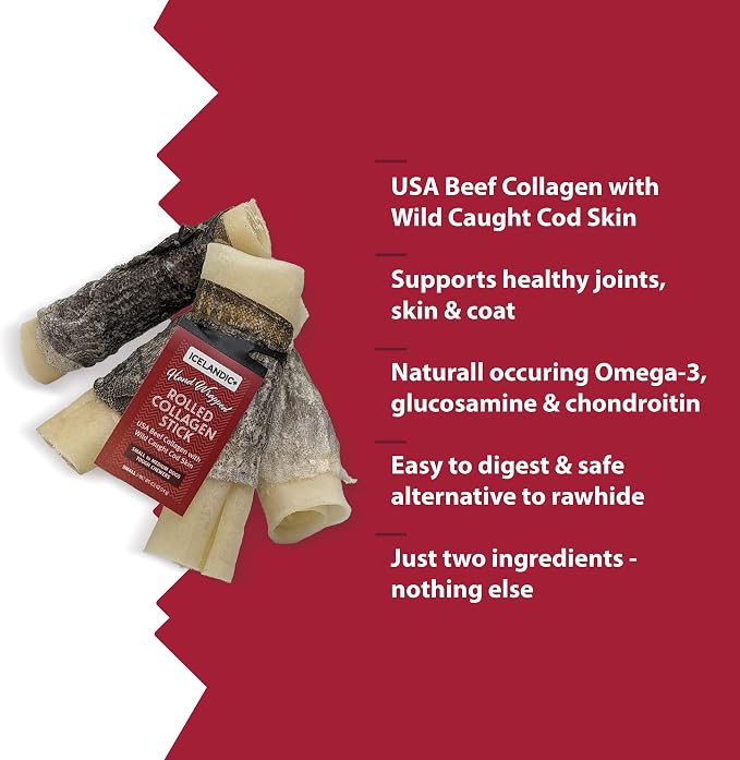 Icelandic+ Rolled Collagen Stick: Beef & Cod Skin - 4" Dog Crew Treat, Hand-Wrapped Fish, 2 Ingredient Pet Snacks, Dental Health, Rawhide Alternative