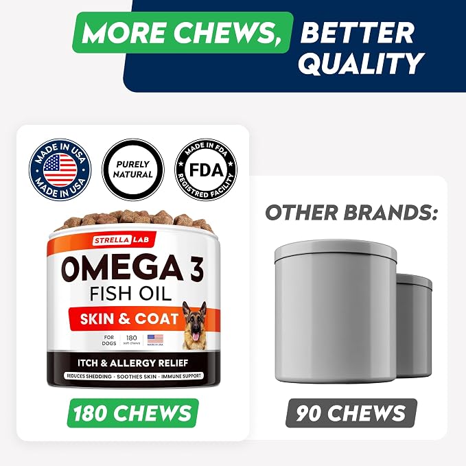 StrellaLab Fish Oil Omega 3 Treats for Dogs (180 Treats) - Allergy & Itch Relief - Skin & Coat Supplement - Joint Health - Wild Alaskan Salmon Oil - Shedding, Itchy Skin Relief - Omega 3 6 9 - EPA&DHA