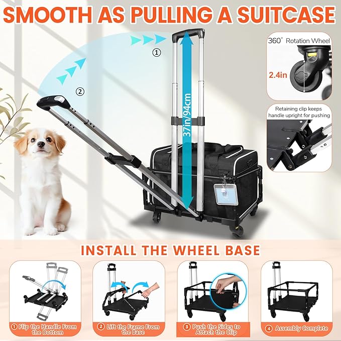 Petskd Small Pet Carrier with Wheels(18" L x 11" W x 11" H), Delta/American/United Airlines Approved, Rolling Pet Carrier for Small Dogs & Cats (Black)