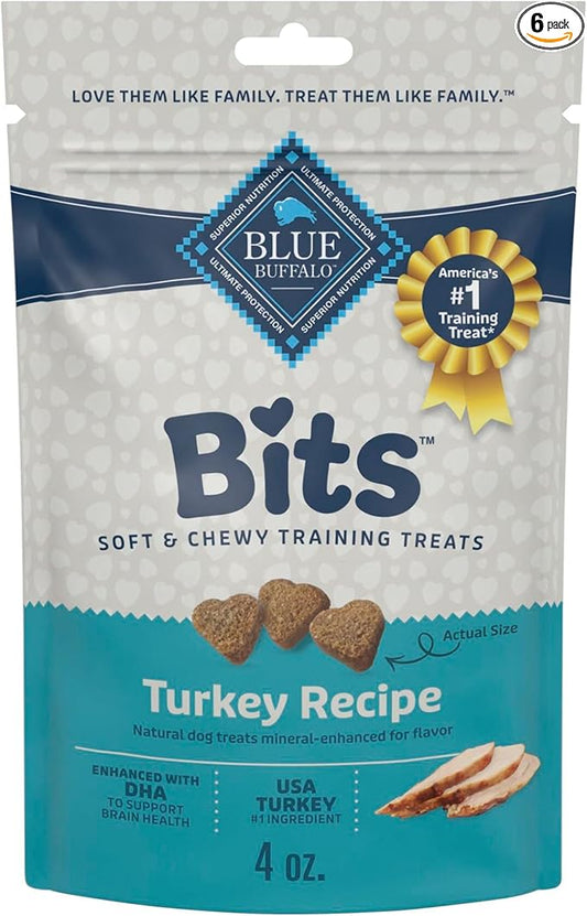 Blue Buffalo Bits Soft Dog Treats for Training, Made with Natural Ingredients & Enhanced with DHA, Turkey Recipe, 4-oz Bag (Pack of 6)