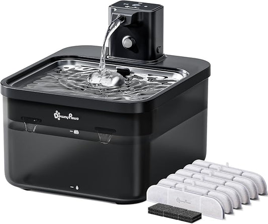 DownyPaws Cat Water Fountain Cordless, 84oz/2.5L Fursink Wireless Pet Water Fountains for Cats Indoor, Battery Operated Cat Drinking Fountain with Motion Sensor, BPA-Free, Black Pro with 6 Filters