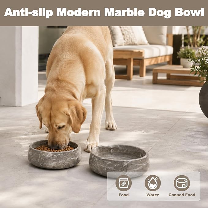 Karibiber Marble Dog Bowl, 5lbs Weighted Dog Food Bowl, Non-Slip Large Heavy Water Bowls, Grey Stone Food and Water Dish for Medium Dogs, Natural Marble, Easy to Clean, Holds 4 Cups