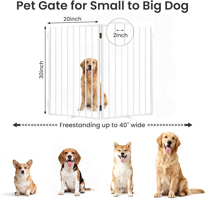 Metal Freestanding Dog Gate with Cat Door for Indoor & Outdoor,30" Tall Foldable Dog Fence,40" Extra Wide Freestanding Pet Gate for Large Openings,RV Camping,Stairs,Deck,Yard,Doorways(2 Panels,White)