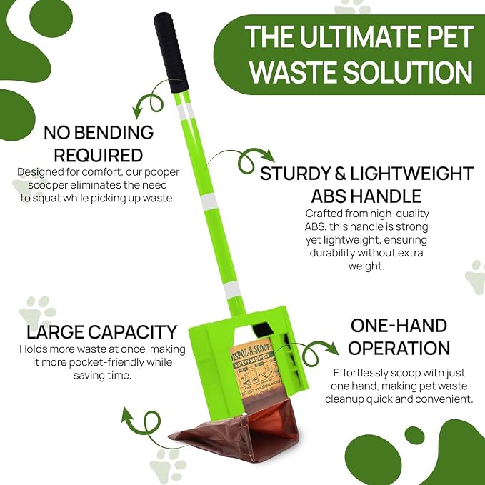 Dispoz-A-Scoop® Poop Scoop Bundle” 48 Refill Bags with Optional use, 24” Extender Handle. Quick-Clean-Easy. Never Needs Cleaning! U.S.A. Produced!
