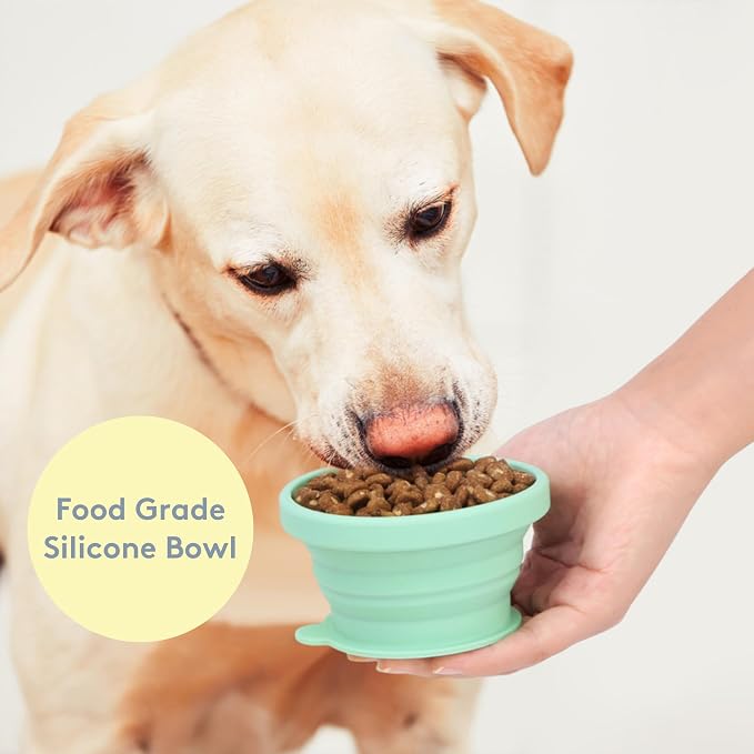 Travel Hero 3-in-1 Portable Pet Food Container for Puppies and Small Breeds, Comes with a Silicone Water Bowl and Poop Bag Dispenser in One, Glacier