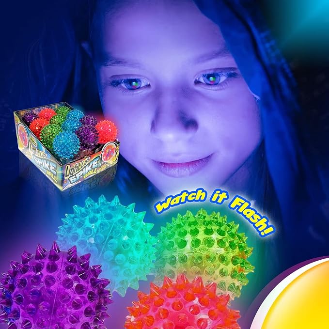JA-RU Light Up Spiky Balls for Kids (24 Pack) – Light Up Bouncy Balls, Spiky Fidget Toys for Stress Relief, Sensory Bin Filler, Bulk Party Favors, & Classroom Prizes. 695-24p