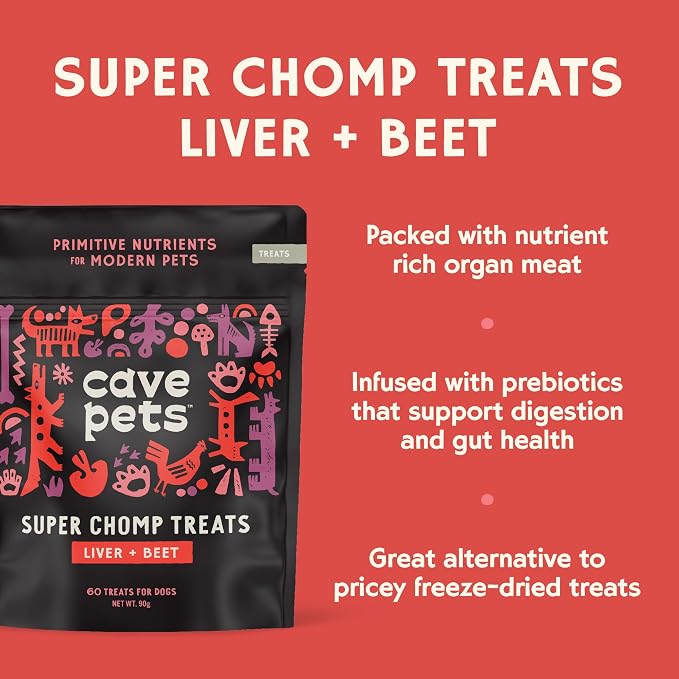 Cave Pets, Super Chomp Treat, Grain-Free Dog Treat and Digestion Supplement for Dog Health, Liver & Beet, 60 Treats