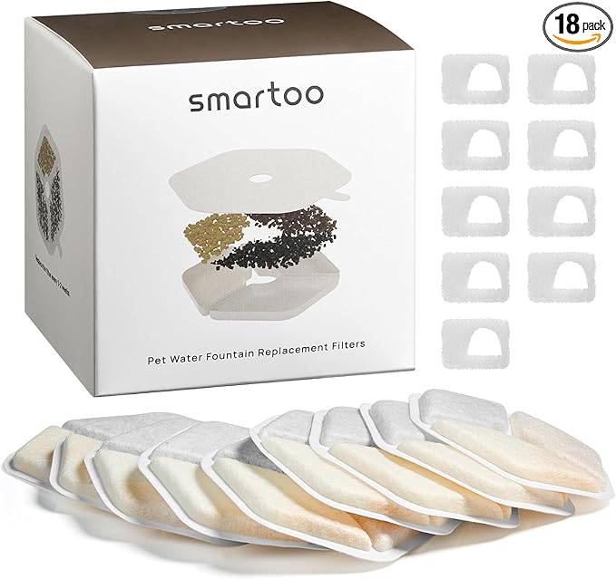 Smartoo 9 Packs Official Replacement Filters and 9 Packs Sponges for 152oz/4.5L Wireless Cat Water Fountain PTM-643