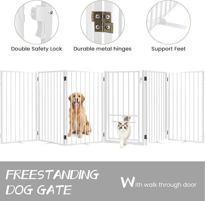 Metal Freestanding Dog Gate with Cat Door for Outdoor & Indoor,120" Extra Wide Foldable Pet Fence,30" Tall Free Standing Dog Gate for RV Camping,Stairs,Hallways,Doorways,Deck,Yard (6 Panels,White)