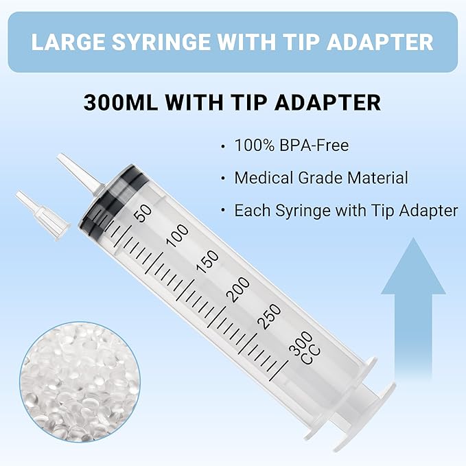 5Pack 300ml Syringe, Large Syringe for Thick Liquids with Tip Adapter, for Feeding Pets, Liquid Refilling, Drawing, Scientific Labs, Oil Transfer, Plant Watering & Refilling