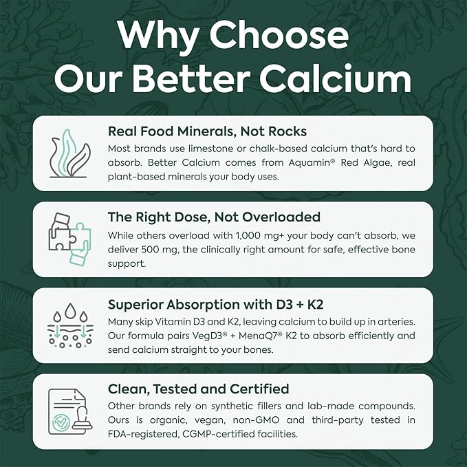 Organics Ocean Better Calcium - Organic Red Algae Calcium with Vitamin D3 and K2 Supplements - Supports Bone Structure, Joint Comfort & Encourages Healthy Aging - Plant-Based, Non-GMO - 6 Pack