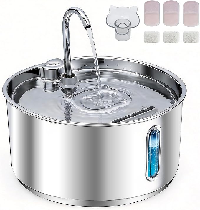 Stainless Steel Cat Water Fountain, 135oz/4L Automatic Pet Water Dispenser with 3 Filters & 2 Water Outlets, Quiet Indoor Drinking Fountain for Cats Small Dogs, Water Level Window