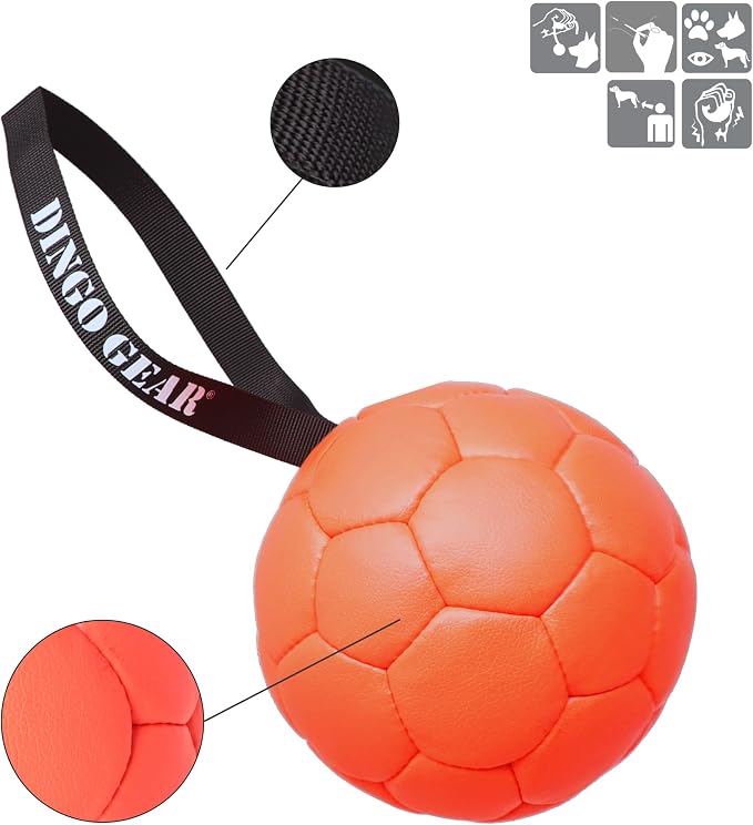 DINGO GEAR WWW.DINGOGEAR.COM 1977 Faux Leather Ball for Dog Training, as Reward for Fetch tug of war, for Strong Dog, Handmade, 7in Orange S02698