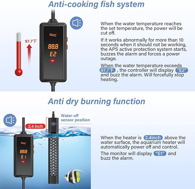 hygger 300w Aquarium Heater, Fish Tank Heater with Intelligent Temperature Control, Over-Temperature Protection and Automatic Power-Off When Leaving Water, for 40-75 Gallon Tanks