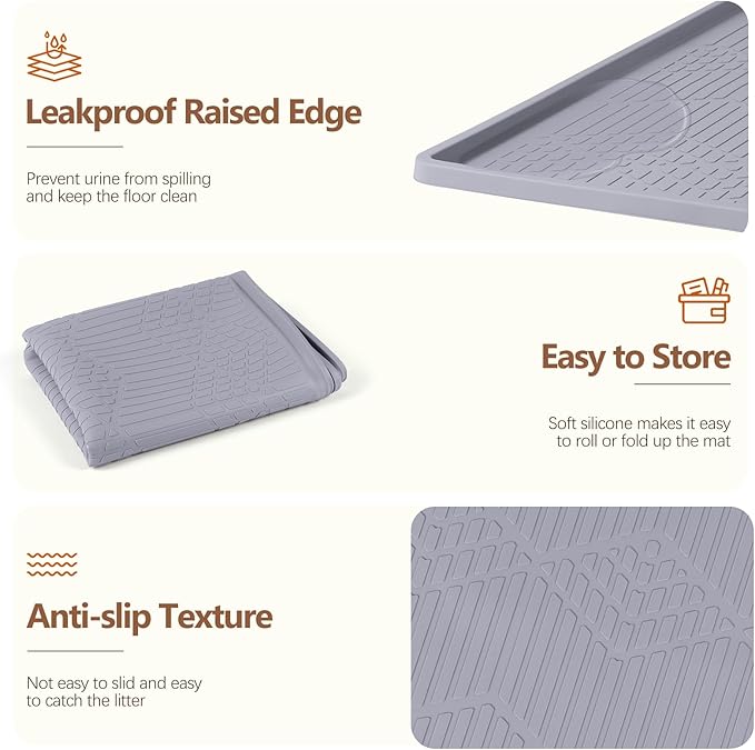 Cat Food Mat with Toy Ball, 38'' x 25'' Extra Large Silicone Pet Feeding Mat with Raised Edge Pet Placemat for Food and Water Bowl Non-Slip, Easy to Clean, Floor Protection (Grey)