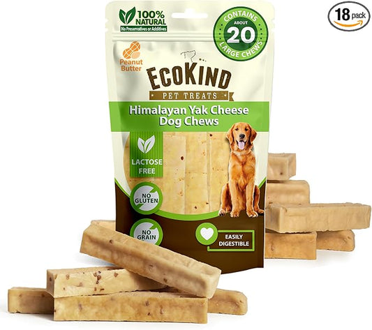 EcoKind Yak Cheese Himalayan Dog Chews, Yak Chews for Large Dogs, Long Lasting Bone for Aggressive Chewers, 4 Ingredients, Natural High Protein Treats, No Additives, Peanut Butter, Large - 18+ Chews