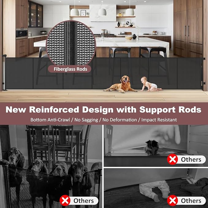 Reinforced 41" Extra Tall Pet Gate, 200" Retractable Baby Gates Extra Wide Retractable Dog Gate with Support Rods, Indoor Extra Long Baby Gate Retractable Fence Outdoor Garage Gates for Dogs, Black