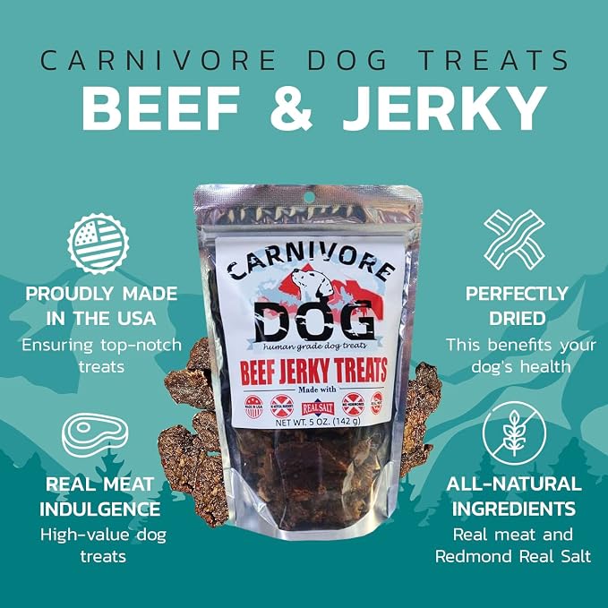 Carnivore Dog Treats, Human Grade, Grass-fed and Finished Beef Made with Redmond Real Salt, No Additives - Healthy, Chewy, Training Snacks for All Breeds, Grass-fed Beef Jerky, Pack of 3