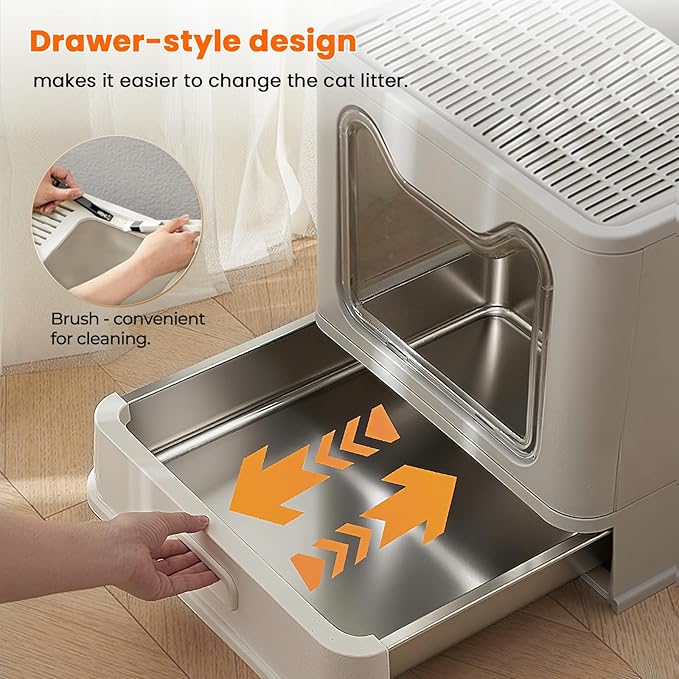 Stainless Steel Cat Litter Box with Lid, Top Entry Covered Box, Deeper Pan | Metal Litter Box with Lid & Pull-Out Drawer for Big Cats, Leak-Proof Baffles, with charcoal filters and Mat & Scoop