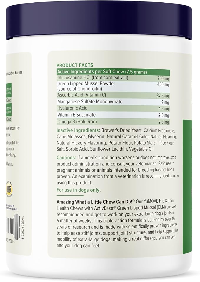 YuMOVE Hip and Joint Supplement for Dogs - Large Breed Soft Chews with ActivEase Green Lipped Mussel, Glucosamine for Dogs, Hyaluronic Acid & Omega 3-60 Chews (Large/XL Dogs)