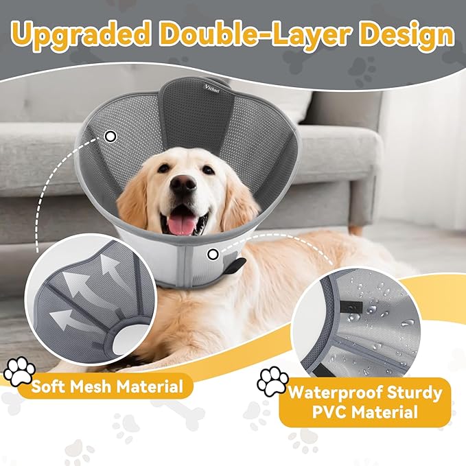 Upgraded Dog Cone Collar for Large Medium Dogs, Soft Dog Cone with Double-Layer Design, Adjustable Pet Recovery Collar for Dogs After Surgery, Elizabethan Collar (M, Grey)