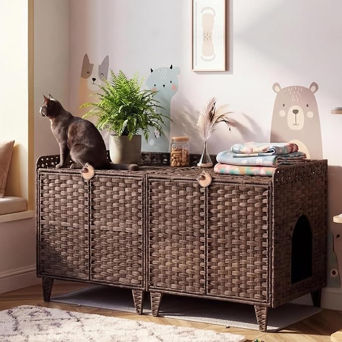 GAOMON Cat Litter Box Enclosure Furniture, Handwoven Rattan Cat Houses, Hidden Cat Washroom Furniture with Door/Mat, Large Space Cat Houses with S-Shaped Hooks, Living Room, Bedroom, Brown