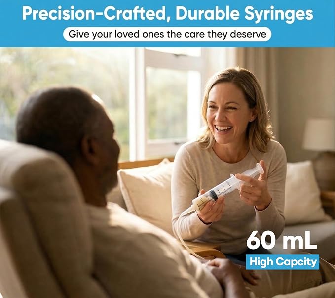 60ml Catheter Tip Syringe with Covers 5 Pack by Tilcare - Sterile Plastic Medicine Food Droppers for Children, Pets or Adults – Latex-Free Oral Medication Dispenser - Large Feeding Tube Syringes