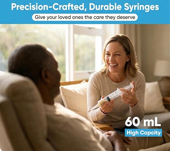 60ml Catheter Tip Syringe with Covers 50 Pack by Tilcare - Sterile Plastic Medicine Food Droppers for Children, Pets or Adults – Latex-Free Oral Medication Dispenser - Large Feeding Tube Syringes