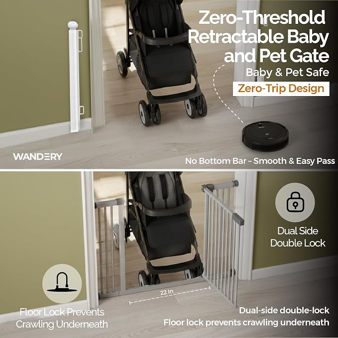 Retractable Baby Gate - 72" Wide Mesh Dog Gate with Support Rods - 34" Tall for Stairs, Doorways, Hallways - Drill or No-Drill - Pet & Cat Gate - Outdoor/Indoor (White, 5.91 Feet)