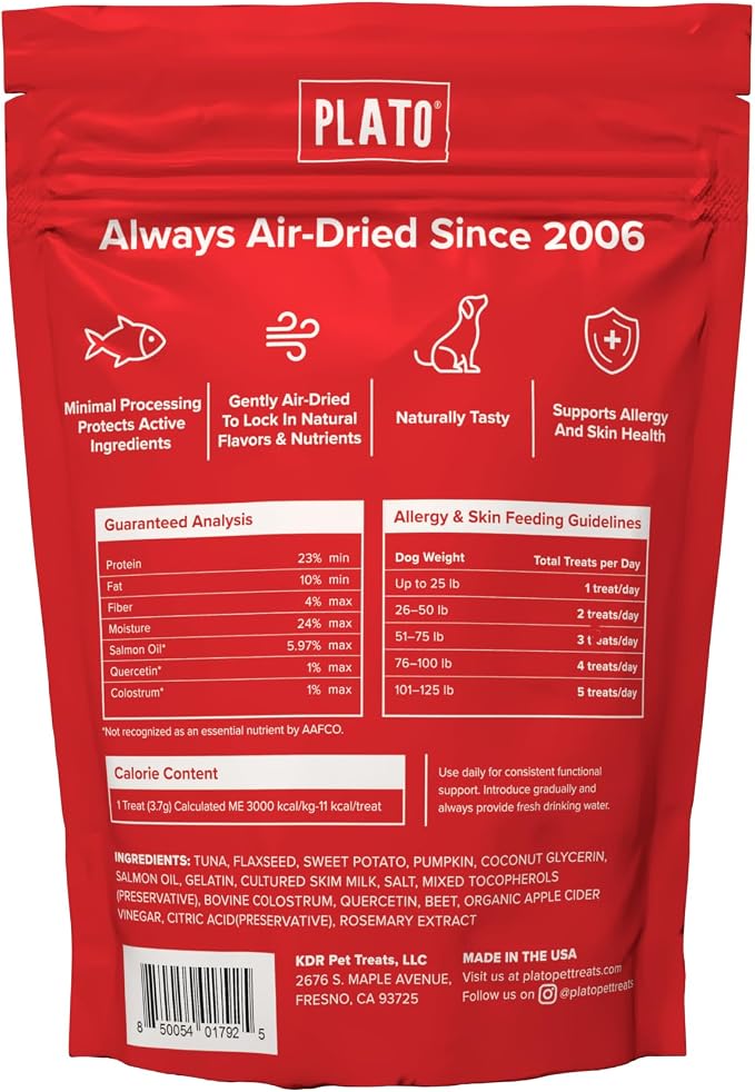 PLATO Pet Treats Air-Dried Wellness Chews for Dogs – Functional Dog Chews – Supports Skin Health & Allergy Relief – Salmon Oil, Colostrum & Quercetin Recipe 16oz