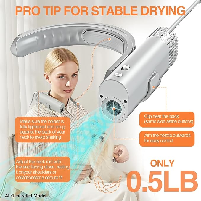 Cat and Dog Universal Pet Hair Dryer 200 Million Negative Ions, Low Noise Hands-Free Neck Hanging Hair Dryer with Automatic Cleaning, Speed and Temperature Adjustment, for Home/Pet Shop Use