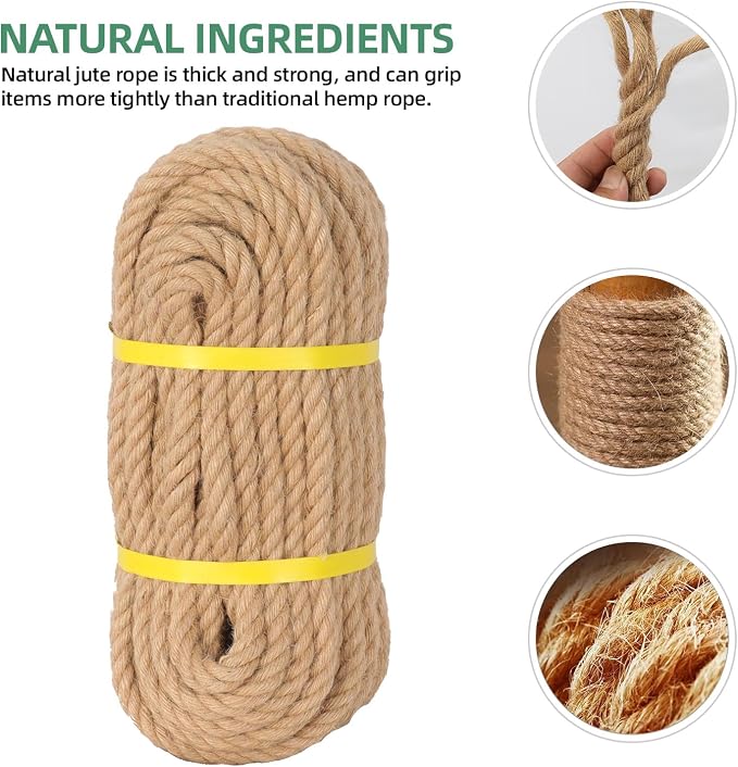 Jute Rope 1/2in100ft Natural Material Heavy Duty Jute Rope Twisted for Indoor Outdoor Crafts, Nautical, Tug of War, Railing, Hammock, Swing, Gardening