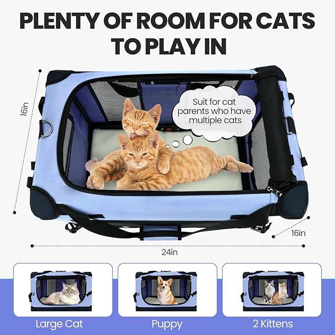 PEGIC Extra Large Cat Carrier, Blue | Soft Sided Collapsible, For Car Travel, Outdoor and Indoor Uses, Roomy Extra Large for 2 Kittens or Pets up to 50lbs