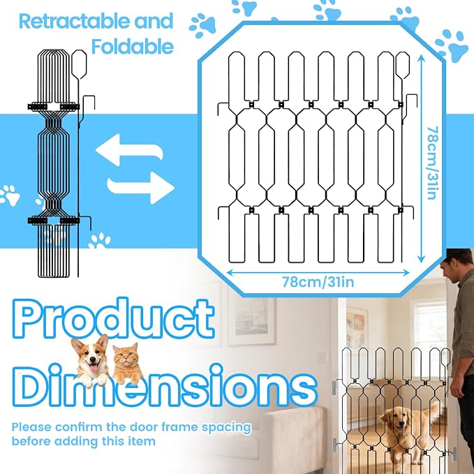 Retractable Dog Gate for Front Door, Bite-Proof Metal Pet Dog Barrier, Foldable Space-Saving Wall-Mounted for Front Door & Rv, Easy Install Dog Gate, Indoor/Outdoor (W: 31in H: 31in)