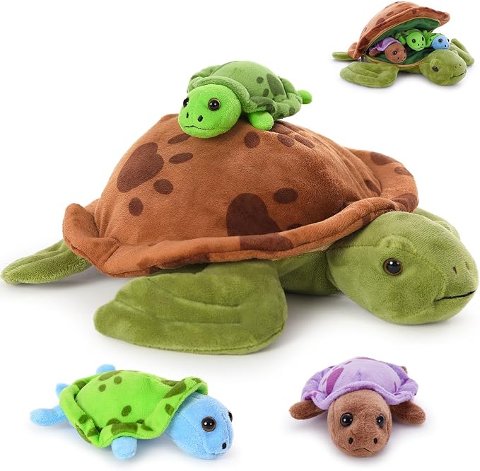 Muiteiur 4 Pcs Sea Turtle Stuffed Animals with Babies Inside, Soft 12.6 Inch Turtle Plush Toy for Kids, Cute Stuffed Turtle Gifts for Kids Boys Girls, Ocean Animal Plush Toy